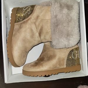 Guess wedge faux fur lined tan/beige colored boots
